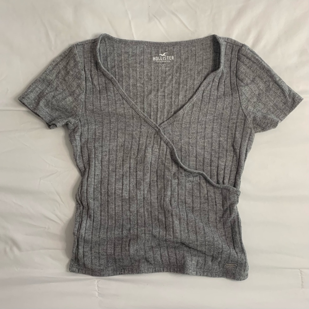 Gray Ribbed Wrap-Front Top